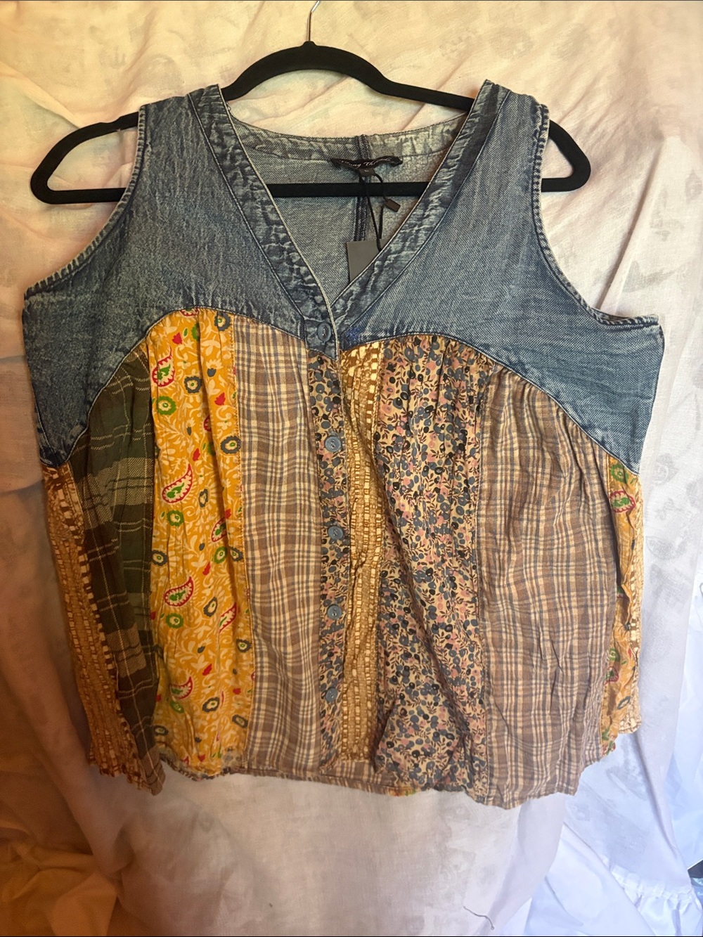 NWT Boho Patchwork Denim Yoke Sleeveless Top - Yellow Multi size L PTP 20”